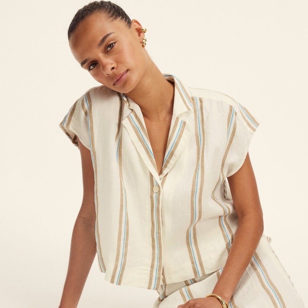Madewell Boxy Cap Sleeve Shirt in Stripe 100% Linen Size M Rare Find!